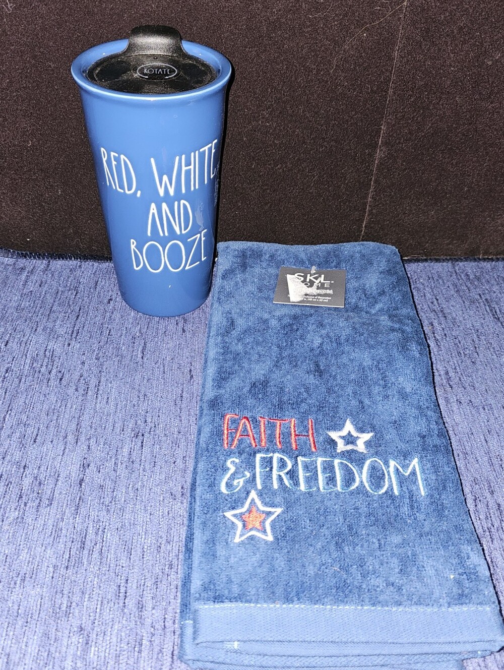 4th Of July Lot ~ Rae Dunn Ceramic Cup With Lid And SKL Kitchen Towel